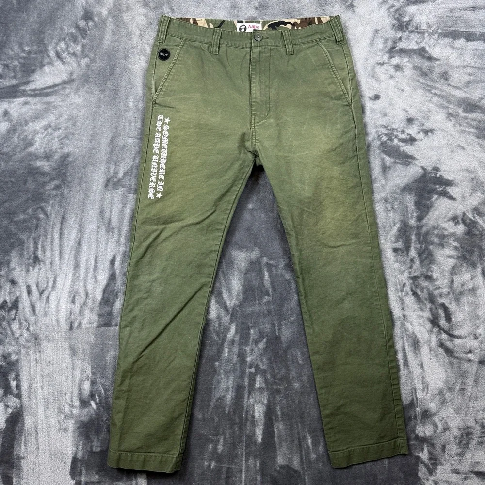 Aape Chino Pants Mens Large Olive Green Camo Trim Graphic Streetwear APT6036